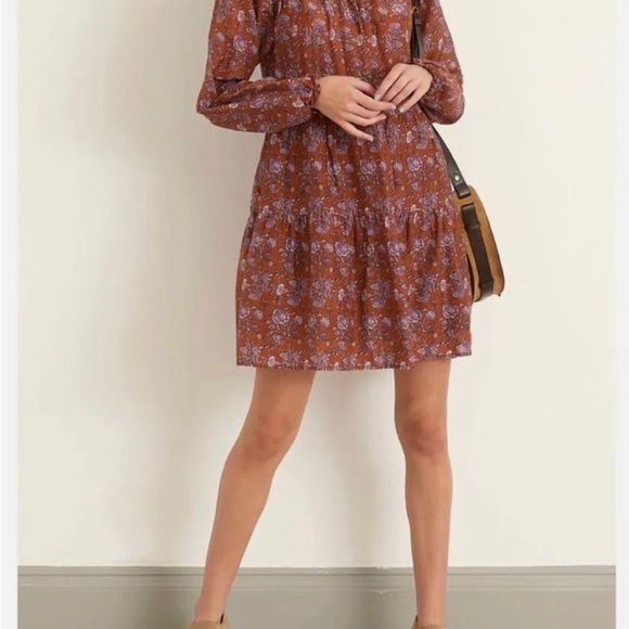 Xirena Lea Dress Golden Clover Cotton Silk Voile XS Brown Floral Mini Tiered - Picture 4 of 7